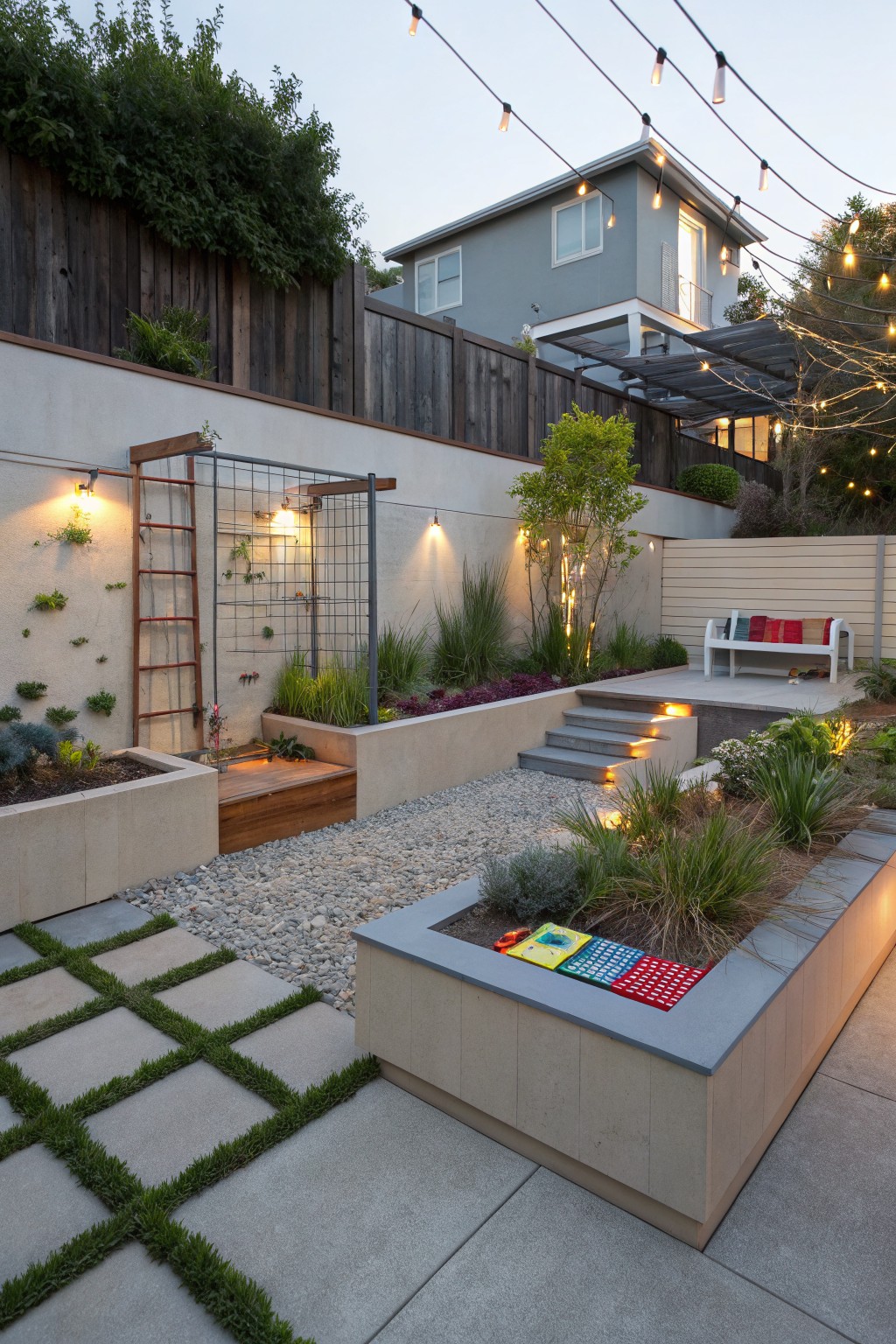 Terraced backyard landscaping with raised stucco planters, gravel paths, grass-inset concrete pavers, short steps, a bench with cushions and toys, various drought-tolerant plants, integrated lighting, and string lights overhead.
