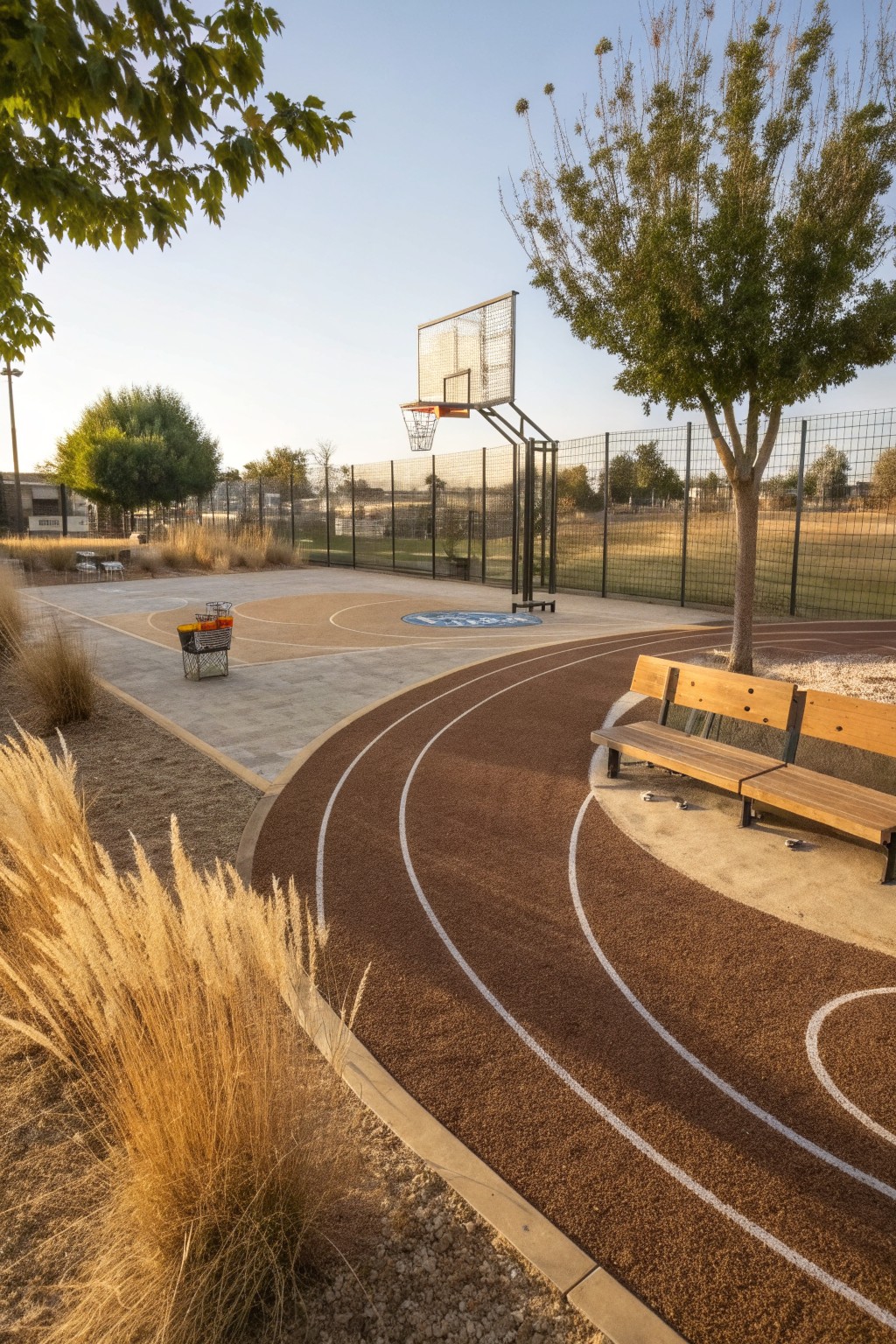 Fenced outdoor basketball court with a curved red running track encircling it, wooden benches, trees, ornamental grasses, and gravel areas in a landscaped play space.