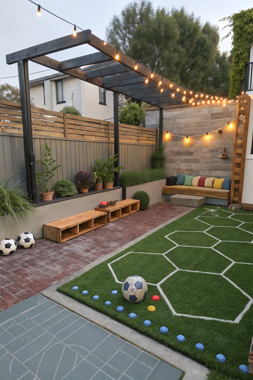 Backyard with wooden pergola strung with lights over benches, potted plants along walls and fences, brick path leading to hexagonal artificial green turf resembling a soccer field marked in white lines with scattered soccer balls and colored cones.