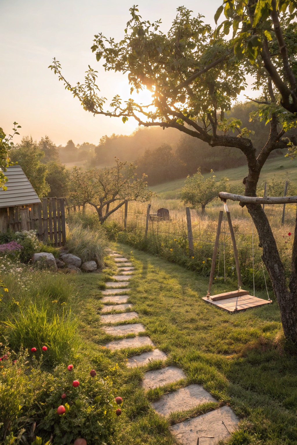 Winding flagstone path through lush green garden with wildflowers and red berries leads to wooden swing hanging from tree branch, wooden fence and small shed nearby, apple orchard in background at sunset.