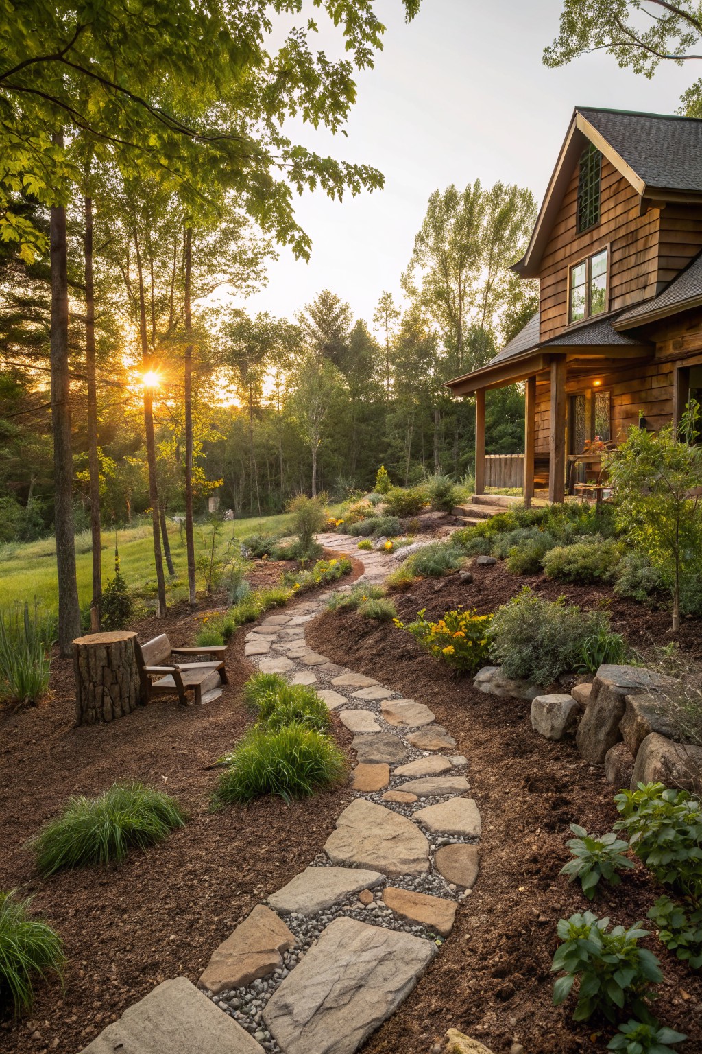 Wooden house with cedar siding and covered porch approached by curving flagstone path through mulched beds with shrubs, ornamental grasses, rocks, and trees in a wooded setting at sunset.