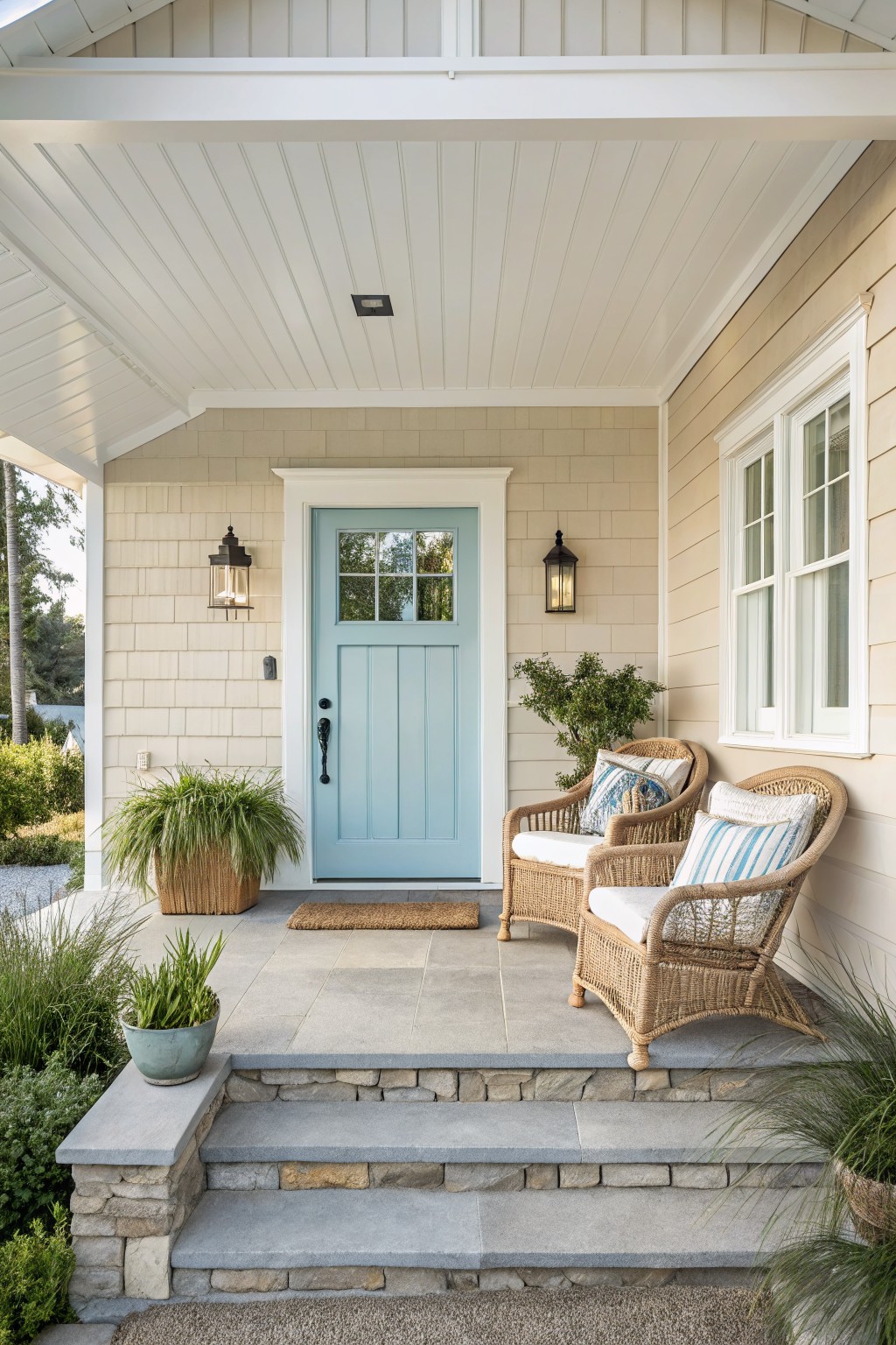 A light blue front door on a house with beige siding and a covered porch.