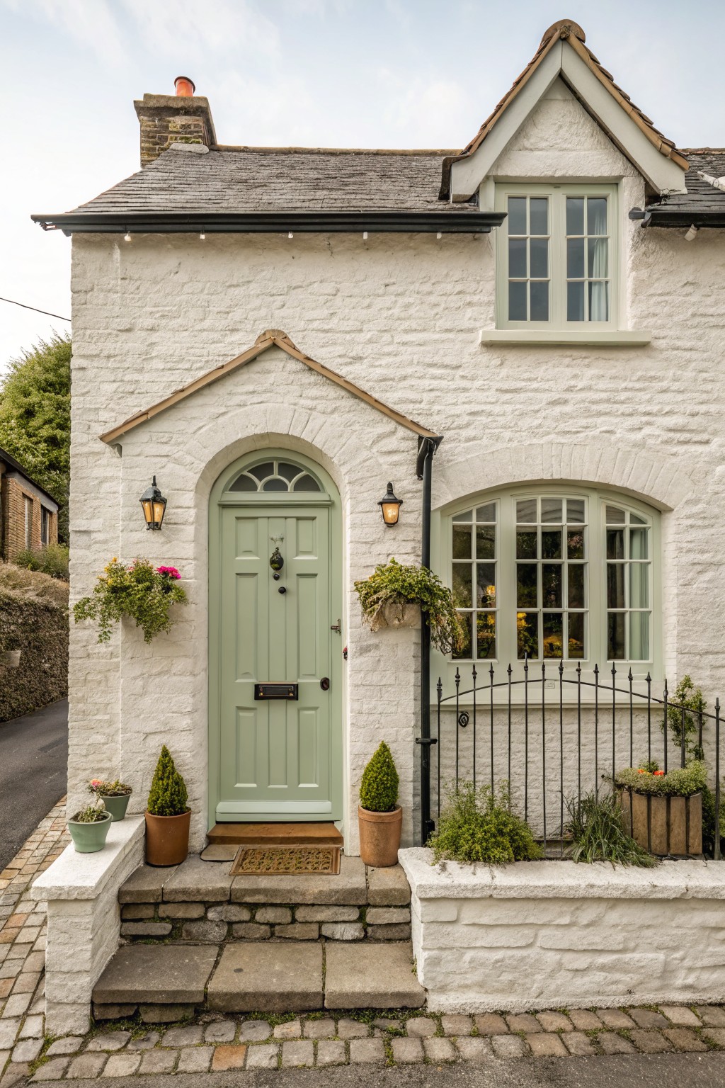 A white painted cottage exterior with a pale green door and stone steps.