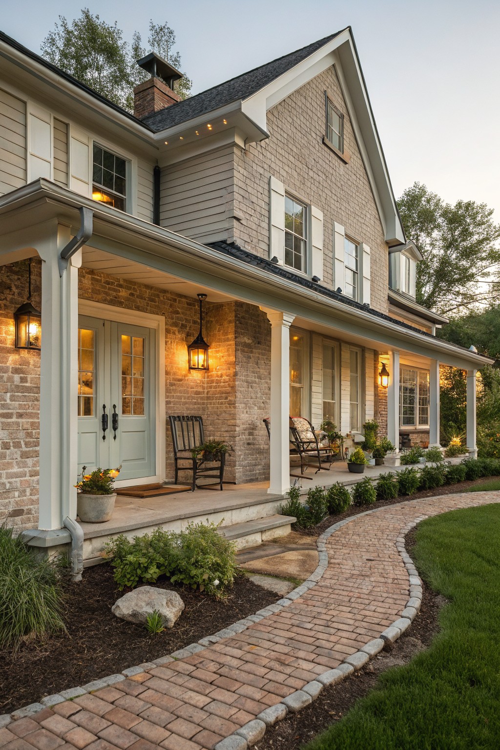 Light greige siding covers the exterior of a two-story house with a brick porch and winding brick walkway.