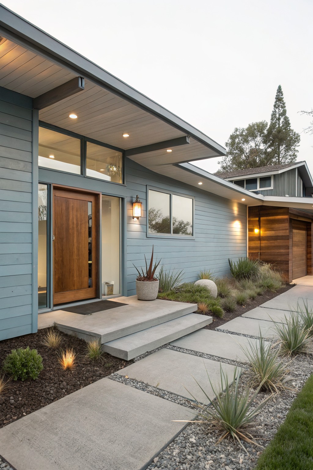 Light blue gray siding on a modern home exterior with wood door and trim details.
