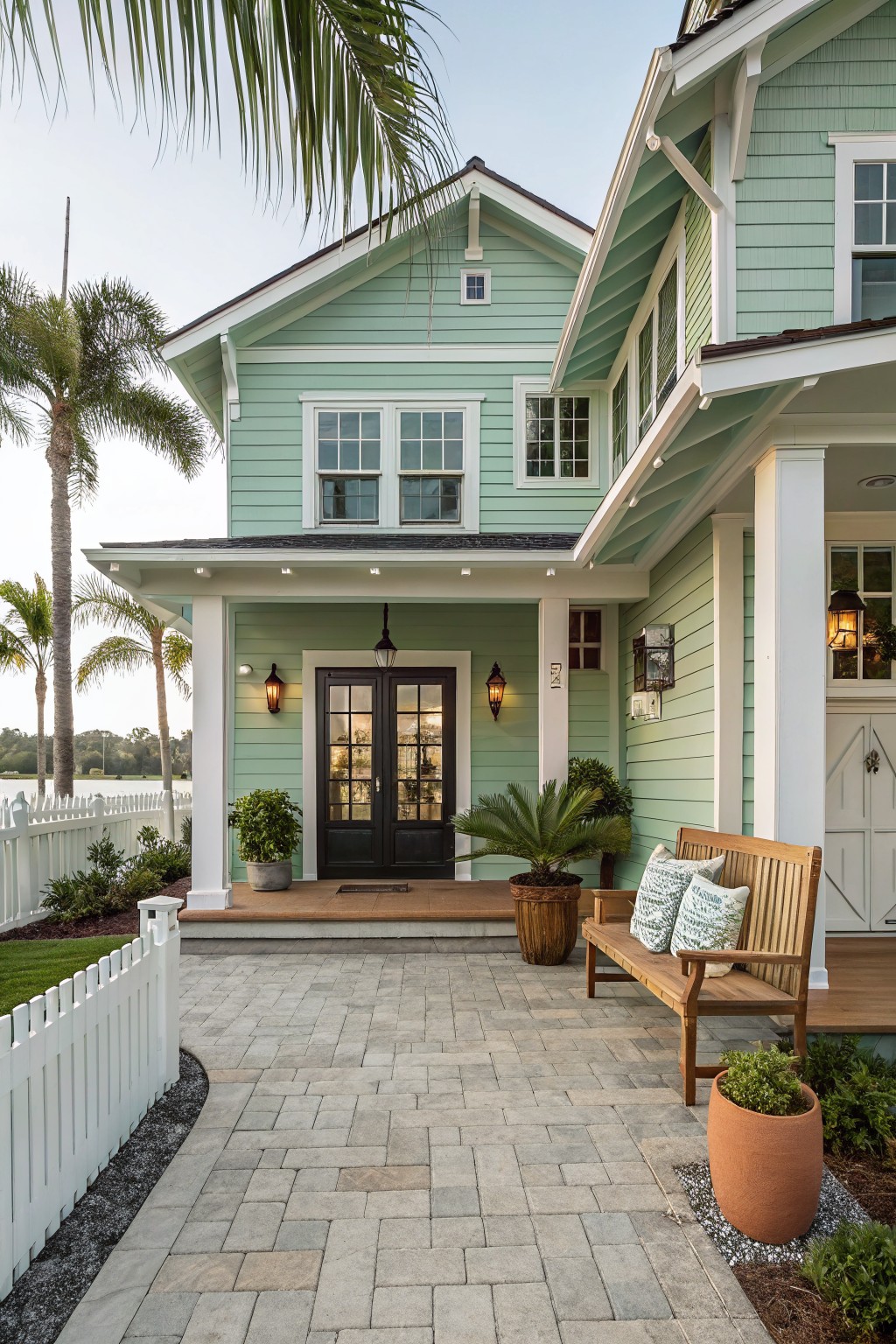 A house exterior with soft light green siding and white trim.