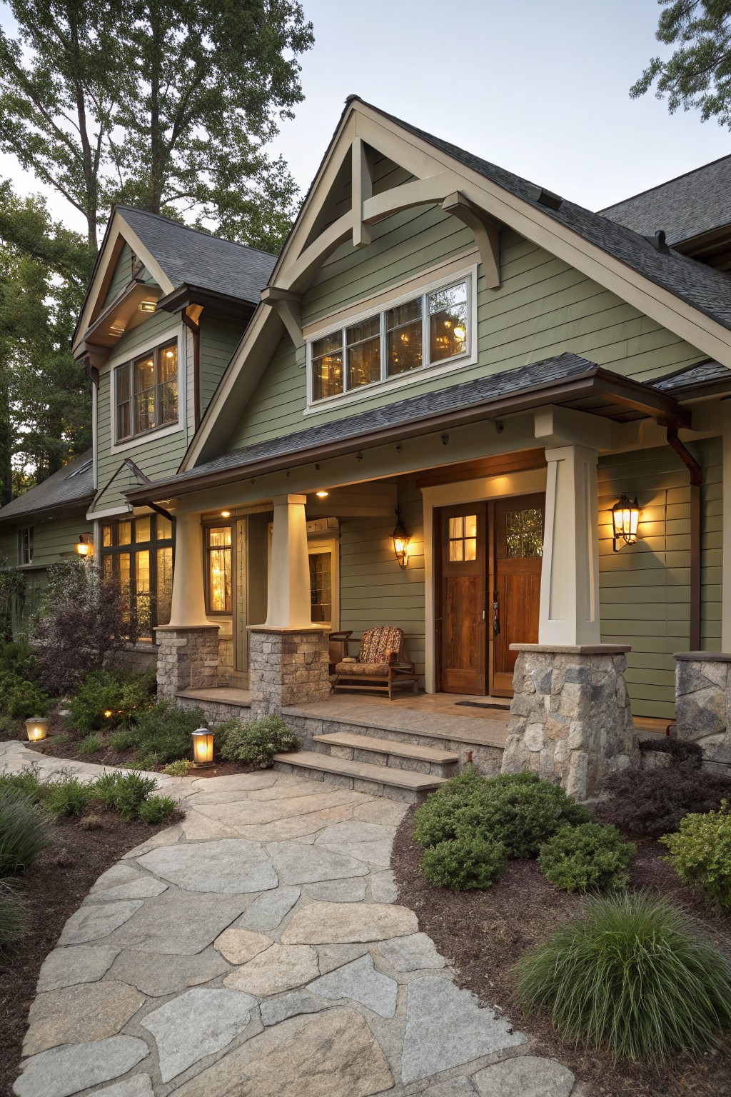 A house with soft sage green siding and a stone porch.