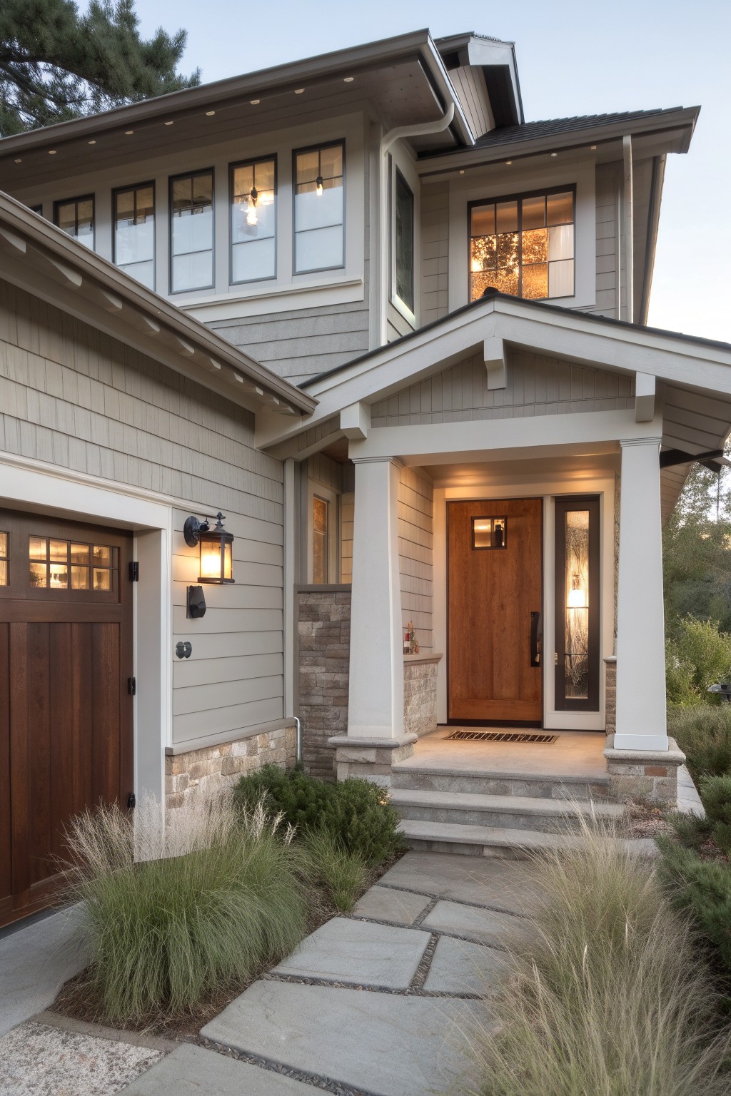 Light greige siding on a two-story house exterior with stone accents.