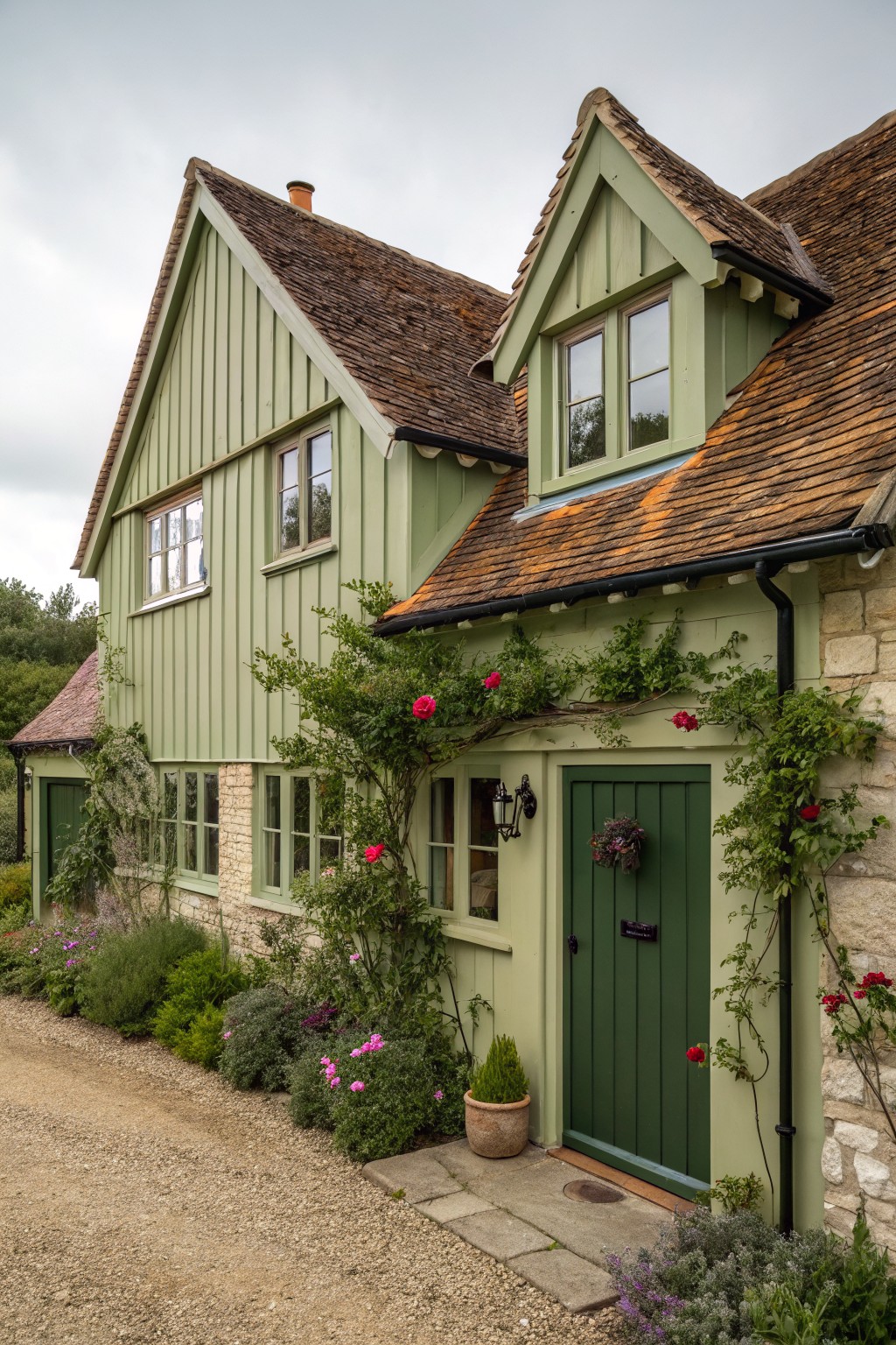 A house with soft sage green painted siding and a stone base.