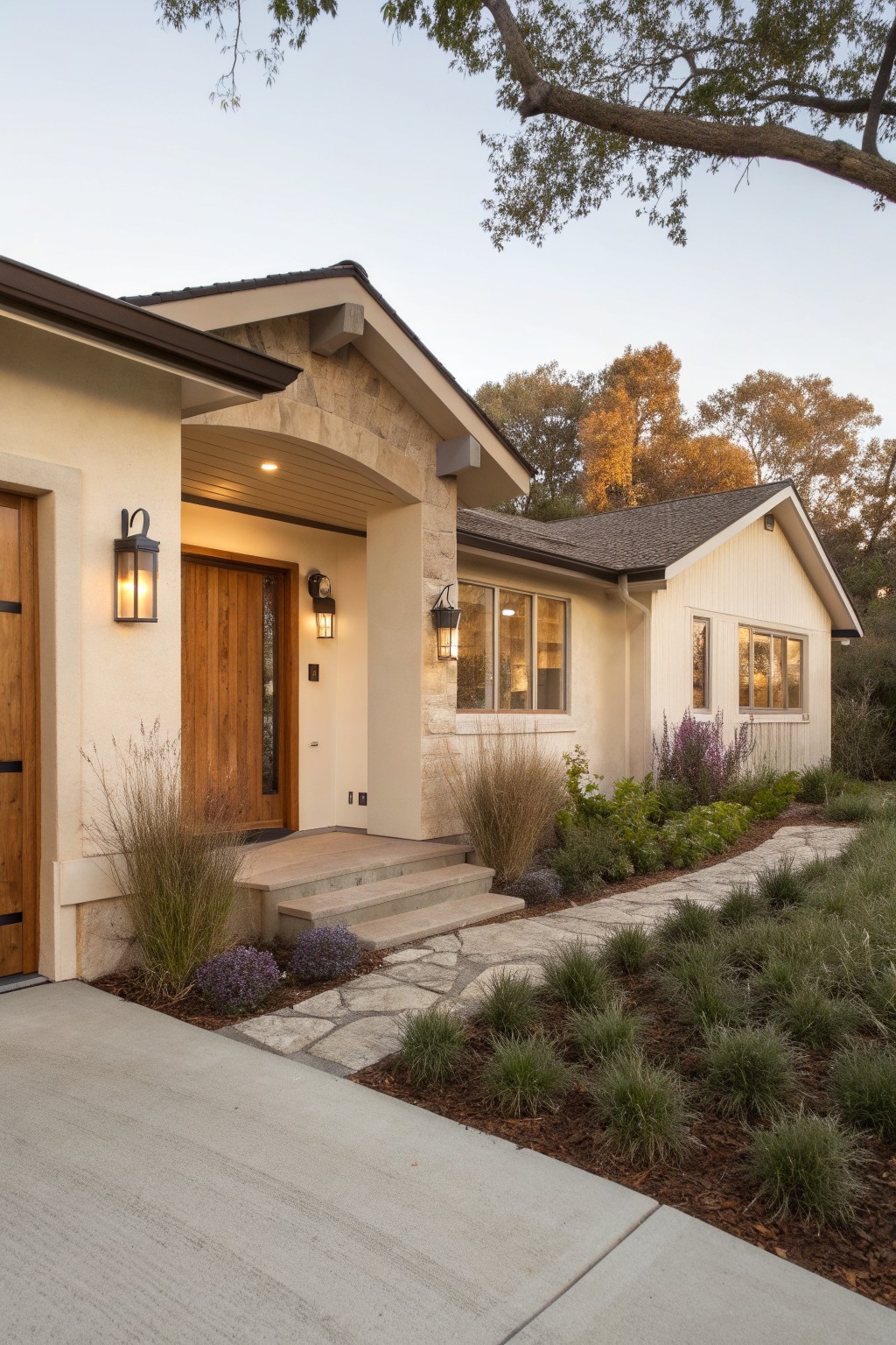 A house exterior painted in a soft warm beige with stone around the entry.