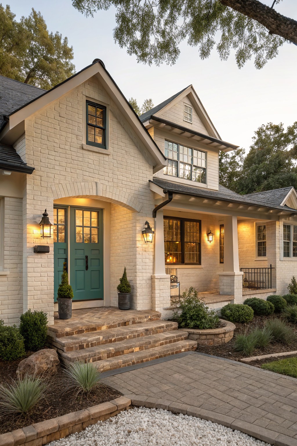 A house exterior painted in soft warm white on the brick siding with dark trim and windows.