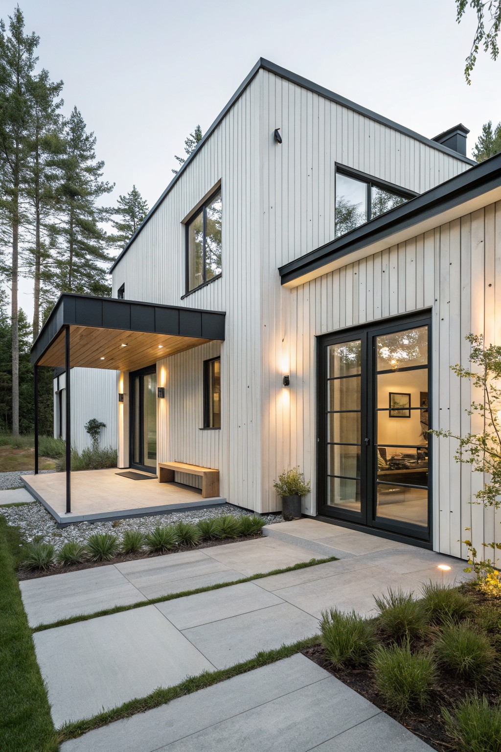 A modern house exterior with soft white vertical siding and black-framed doors and windows.