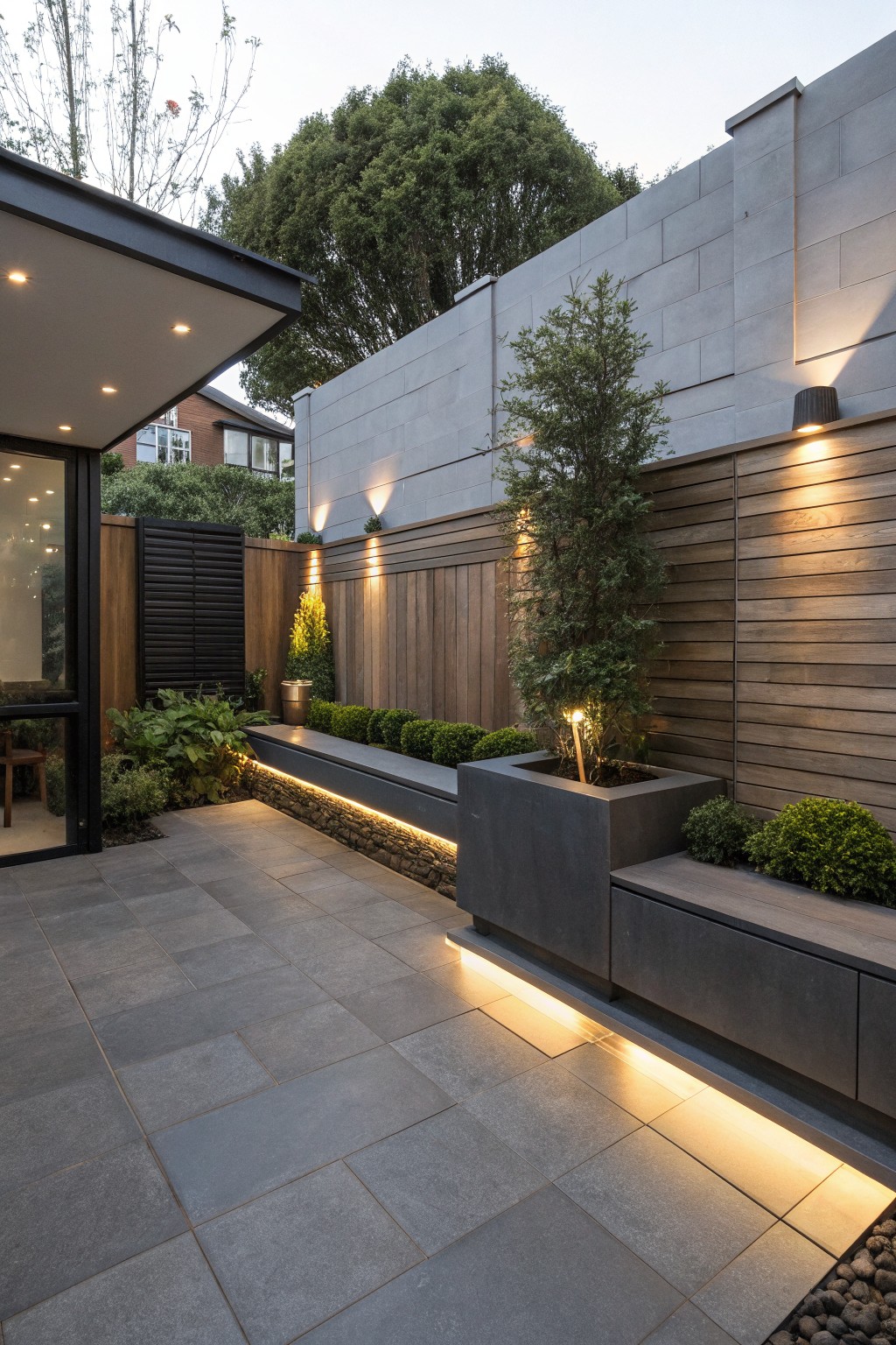 Modern backyard pathway of gray tiles leading past a built-in concrete bench and tall planter box with a small tree, edged in white LED lights, flanked by low green hedges and trees against wooden fence panels and concrete walls.