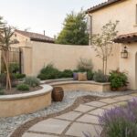 Backyard courtyard with pea gravel ground cover, winding flagstone path leading to a circular stone fire pit, large terracotta pots holding lavender and grasses, built-in curved bench against stucco wall, arched wooden door, and surrounding olive trees and shrubs.