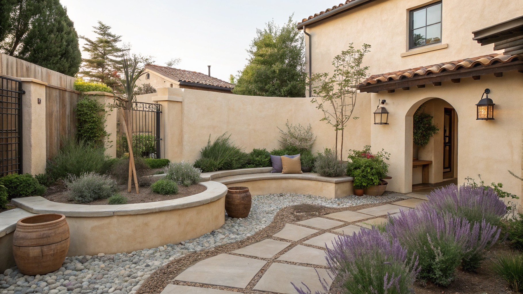 Backyard courtyard with pea gravel ground cover, winding flagstone path leading to a circular stone fire pit, large terracotta pots holding lavender and grasses, built-in curved bench against stucco wall, arched wooden door, and surrounding olive trees and shrubs.