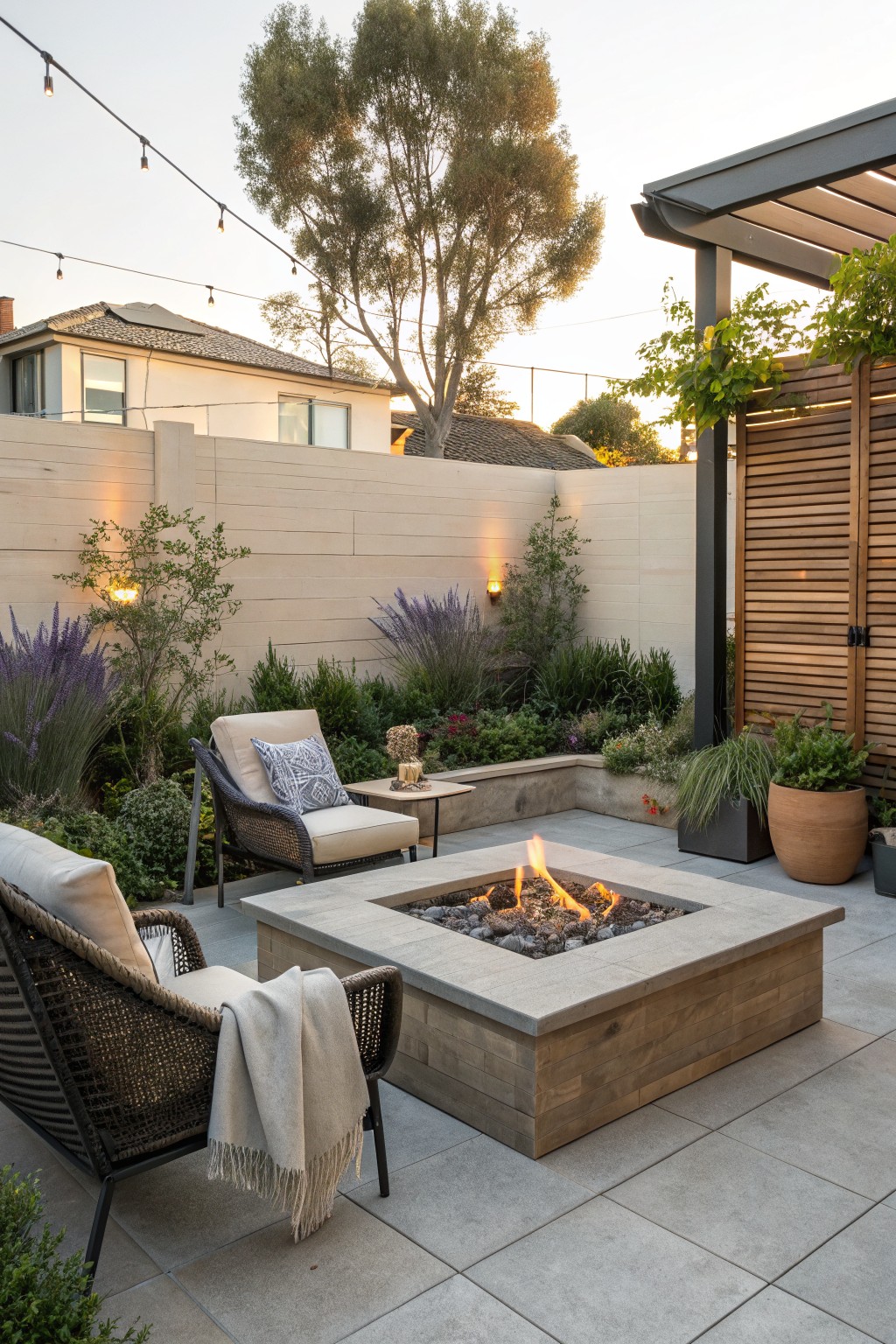 Backyard patio with square gas fire pit at center, two cushioned rattan lounge chairs with gray throw blanket, beige stucco walls, lavender plants, potted grasses, wall sconces, string lights overhead, and concrete paver flooring.