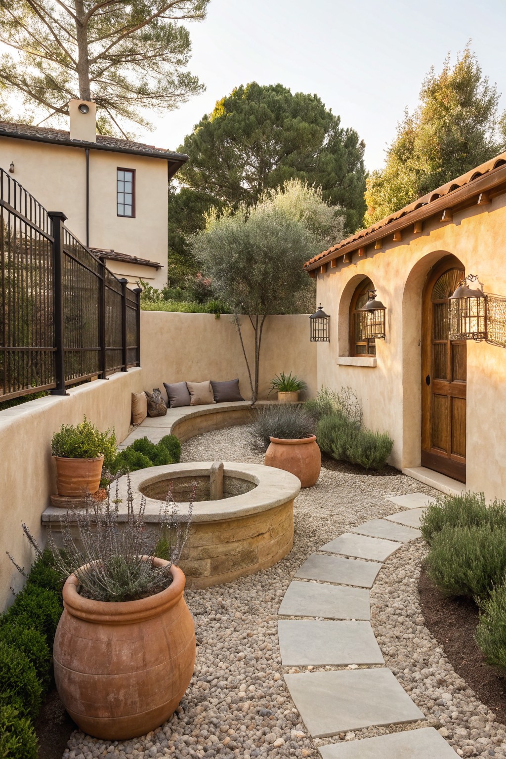 Backyard courtyard with pea gravel ground cover, winding flagstone path leading to a circular stone fire pit, large terracotta pots holding lavender and grasses, built-in curved bench against stucco wall, arched wooden door, and surrounding olive trees and shrubs.