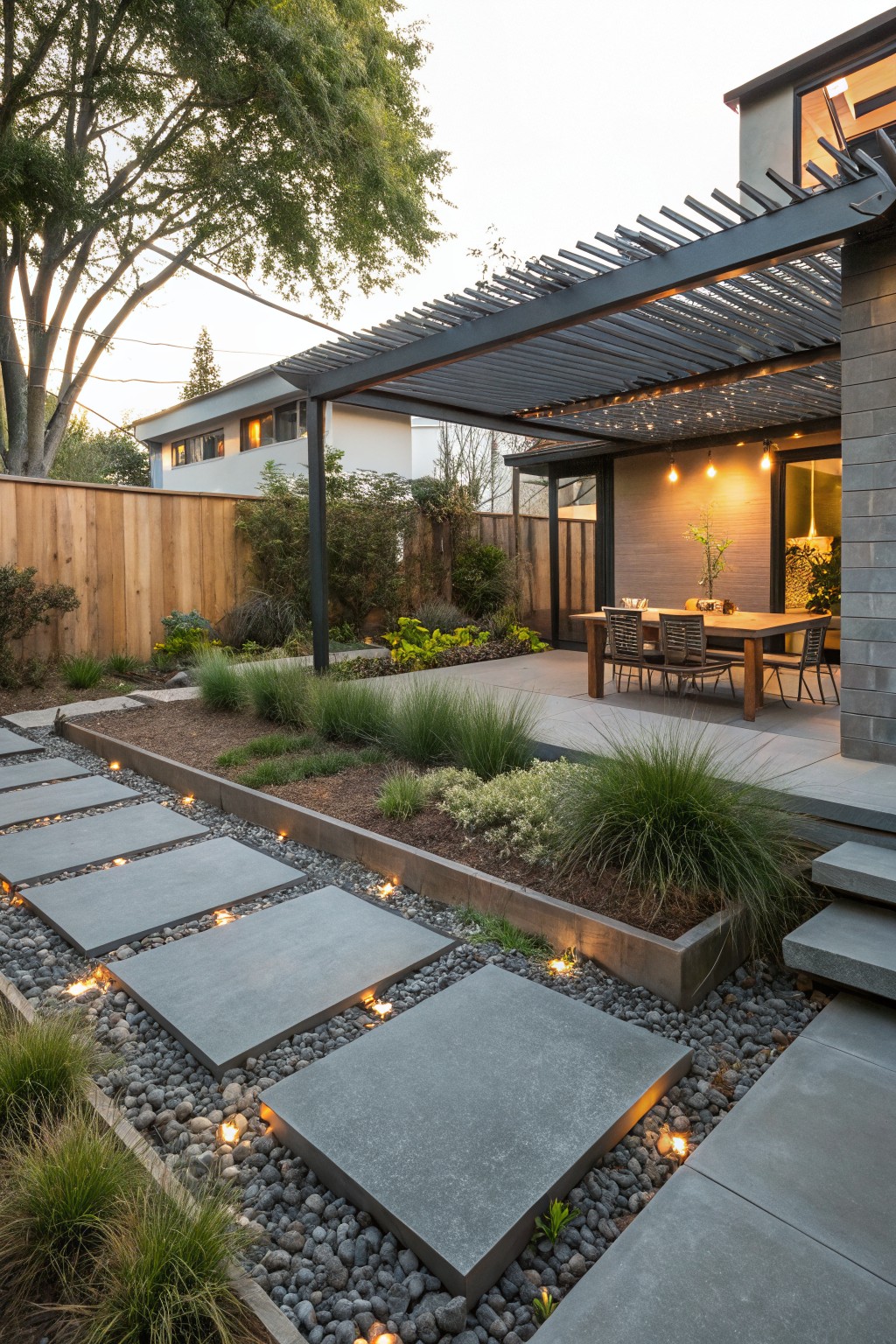 Modern backyard with a covered wooden dining table on concrete patio next to house, lighted large square gray stone pavers in gravel path bordered by grasses and raised beds.