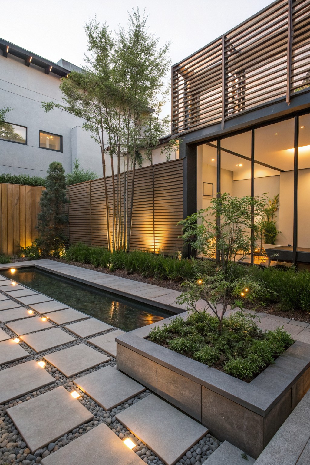 Backyard view showing a narrow reflecting pool next to a gray stone paver pathway with integrated low lights, flanked by low plants, trees, and a wooden fence, with a modern glass-walled house behind.
