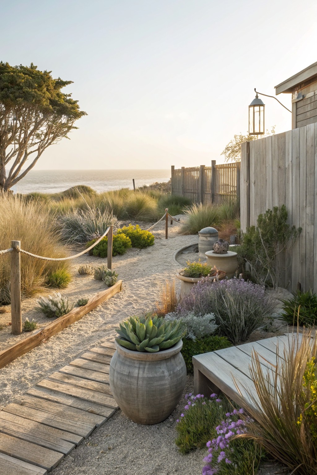 A gravel pathway edged with grasses, succulents in pots, and shrubs winds through a coastal backyard garden, featuring a wooden boardwalk section, rope fencing, and distant ocean view.