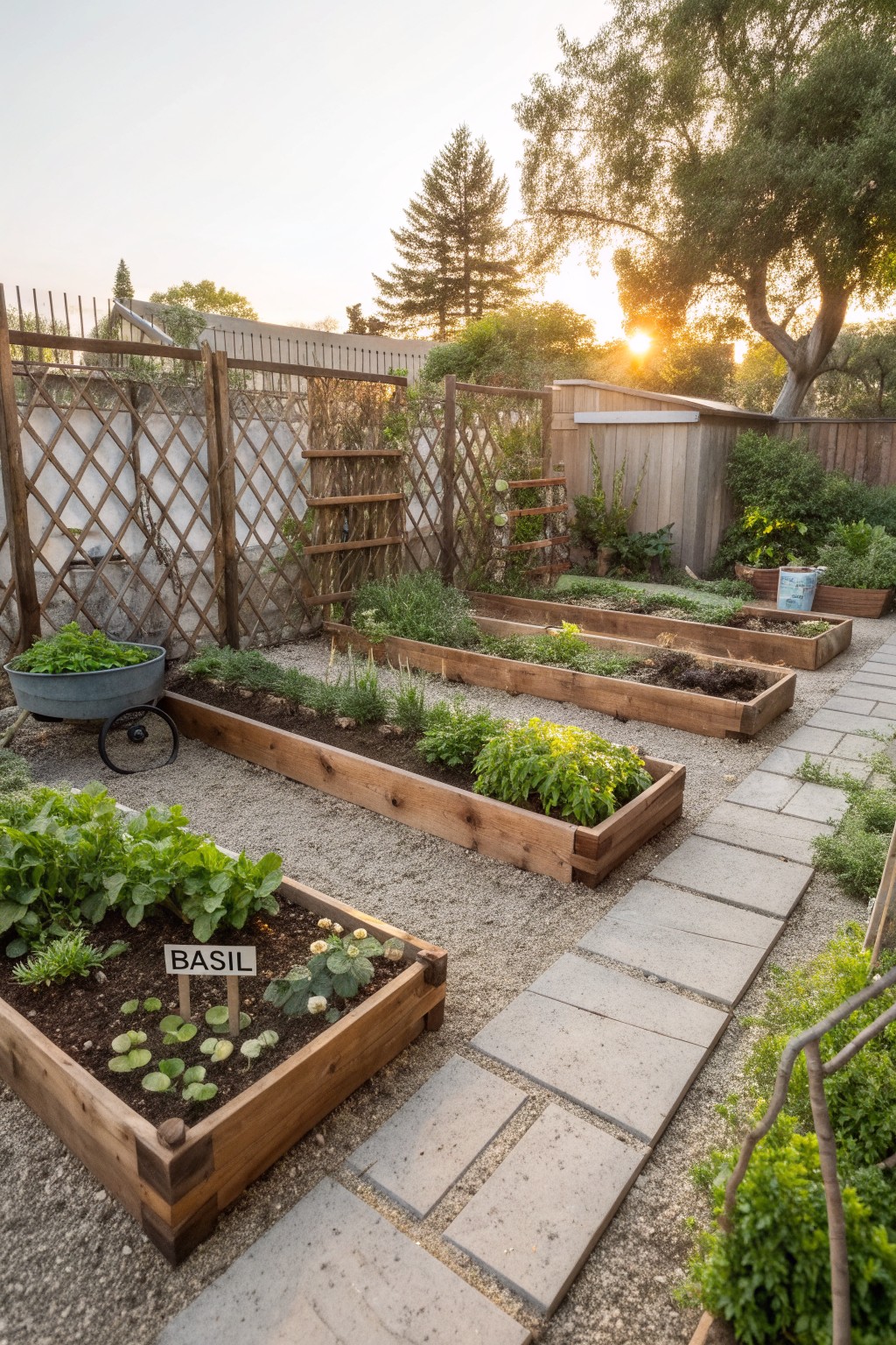 Backyard with multiple rectangular wooden raised garden beds containing vegetables and herbs like basil, surrounded by gravel ground cover, a stone walkway path, a metal wheelbarrow, wooden lattice fencing, and trees in the background at sunset.