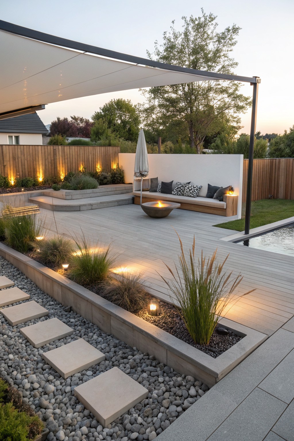Modern backyard with gray decking, raised concrete planters containing ornamental grasses and gravel, stepping stone path through pebbles, bench seating around a fire bowl, white privacy wall, and pool edge.
