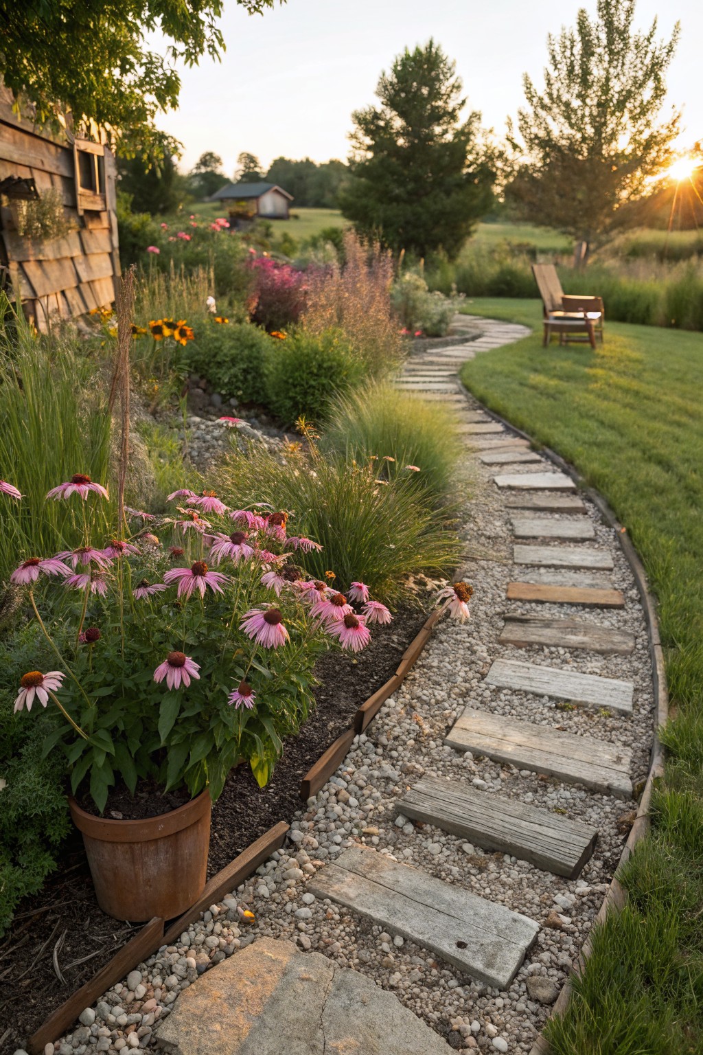 Curved backyard path of irregular wooden and stone stepping stones set in gravel, bordered by metal edging and flanked by pink coneflower plants and ornamental grasses near a lawn and trees at sunset.
