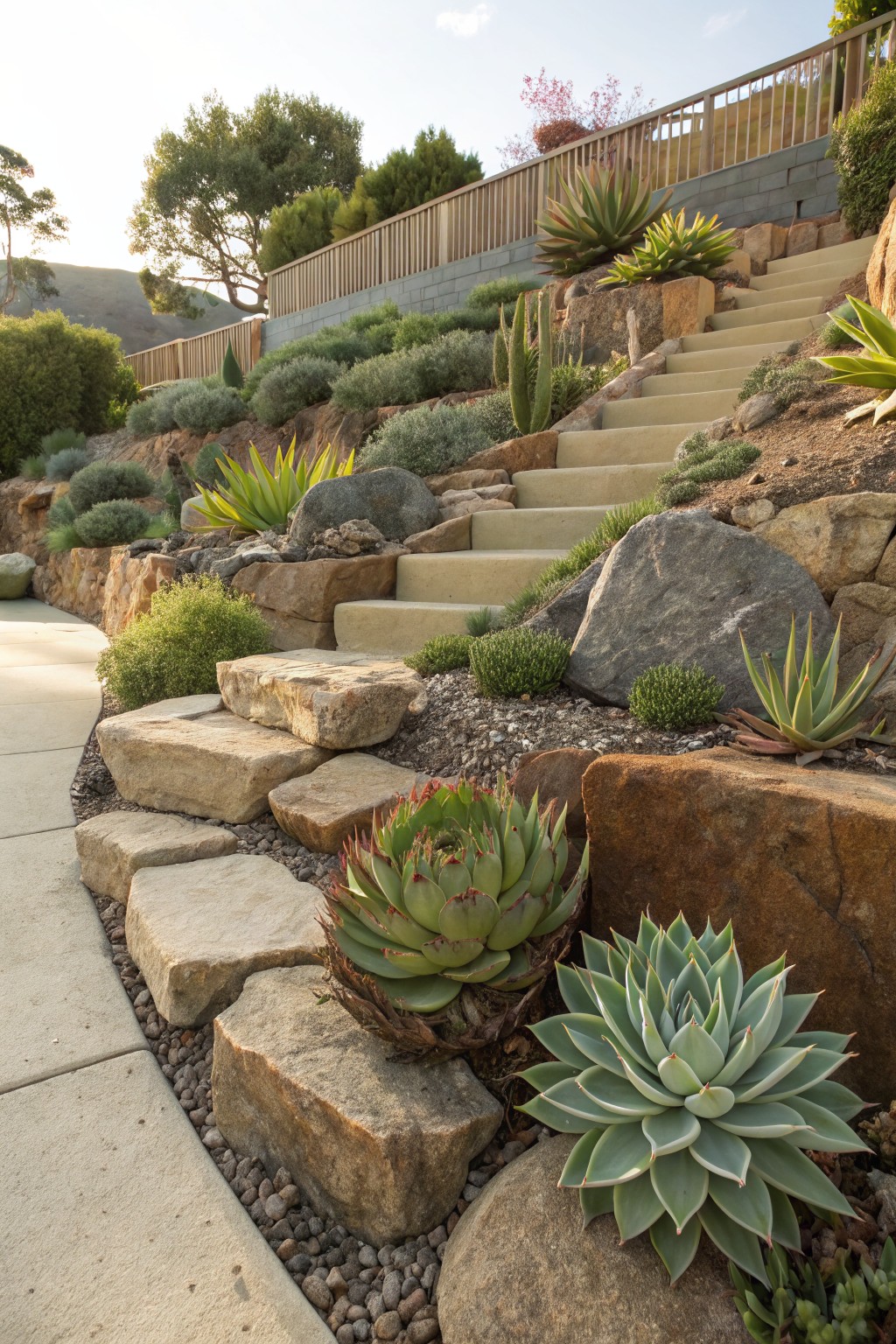 Sloped backyard garden featuring large boulders, concrete steps, stone slabs, gravel mulch, and clustered succulents including agaves and aloes along a curved pathway.