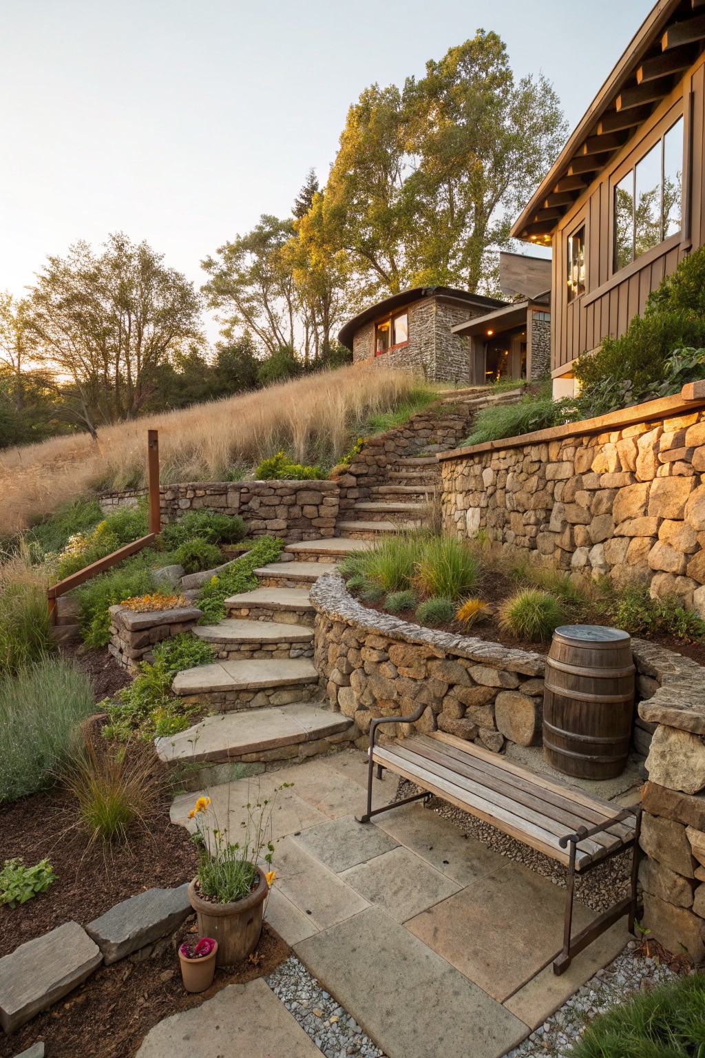Wide stone steps ascending a hillside flanked by dry-stacked stone retaining walls planted with ornamental grasses and shrubs, a wooden bench and barrel planter at the base, with a house visible above among trees at sunset.