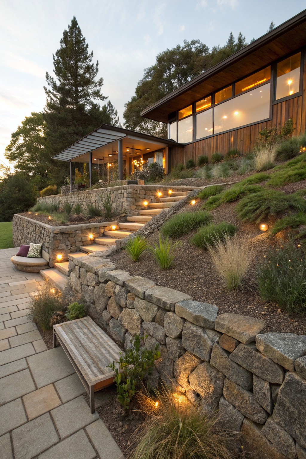 Hillside backyard with multi-level dry-stacked stone retaining walls, concrete steps with ground lights, ornamental grasses, paver path, wooden bench, and modern house above at dusk.