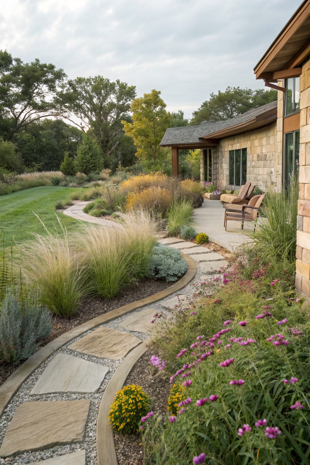 A curved path of irregular sandstone slabs edged in gravel winds through tall ornamental grasses, perennials, and low shrubs beside a concrete patio and stone house wall.