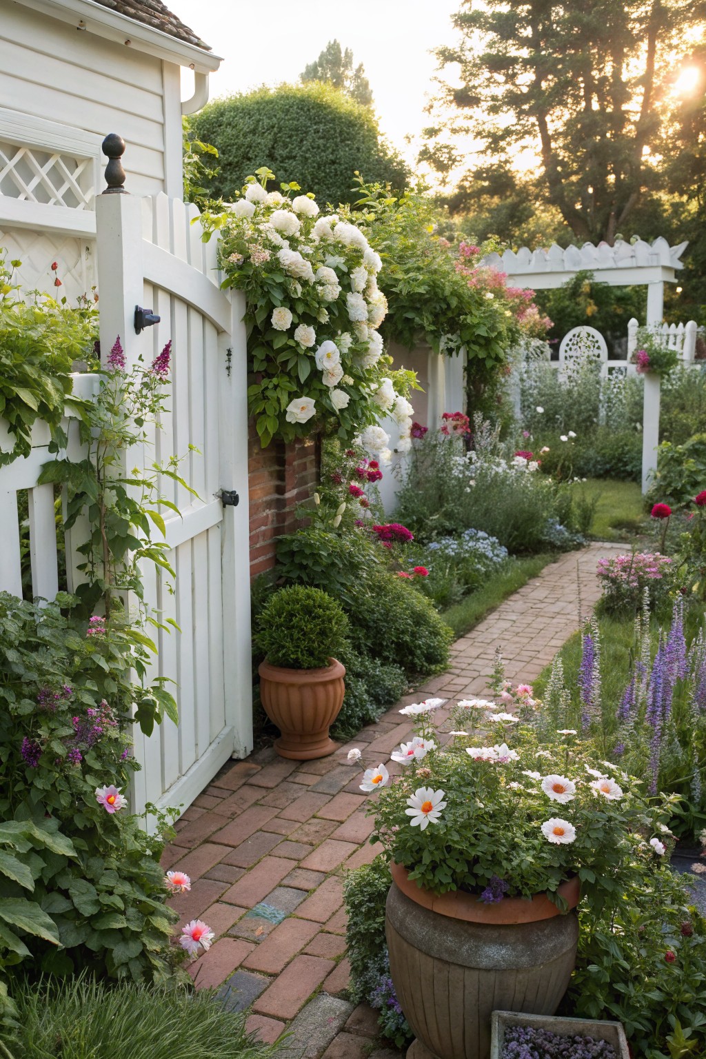 A curved red brick pathway lined with colorful perennials, shrubs, climbing roses on a white picket gate and fence, potted plants, and flower beds in a lush backyard garden beside a small white building.
