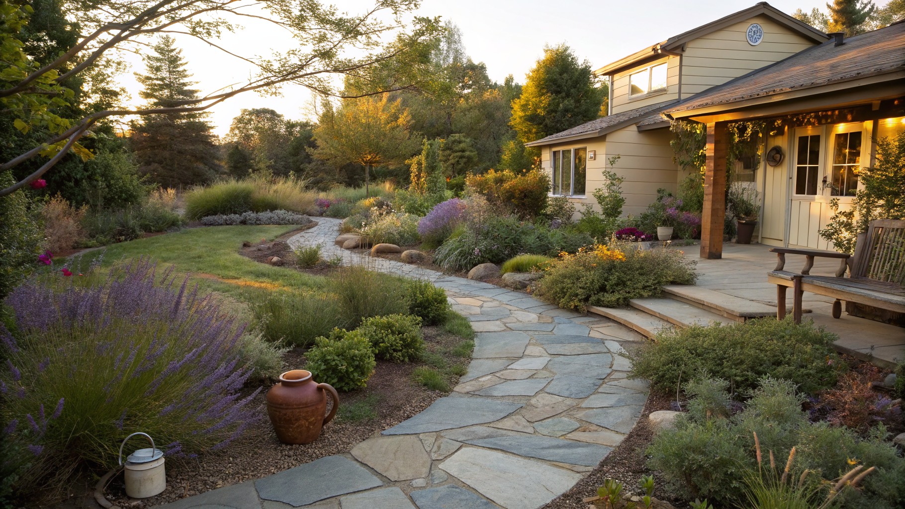 Winding flagstone path edged with gravel curves through a garden of lavender, grasses, shrubs, and rocks, approaching a wooden bench next to a shingled house exterior at sunset.