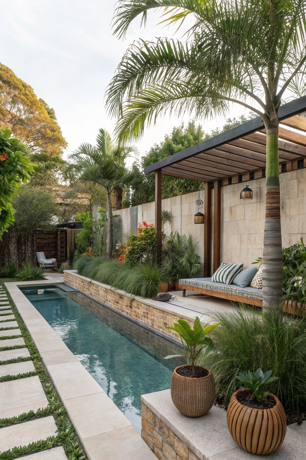 Narrow rectangular turquoise pool in a lush backyard with palm trees, ornamental grasses, stone stepping paths, a wooden pergola sheltering a cushioned daybed on a raised sandstone platform, and potted plants nearby.