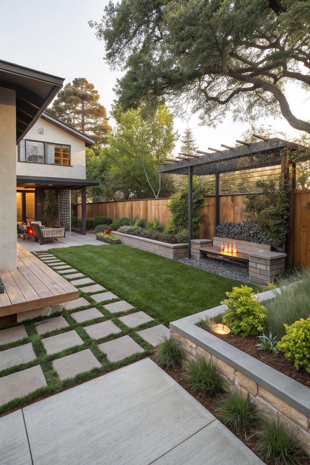 Backyard with modern house and wooden deck on left, square gray concrete pavers arranged in a path through green lawn, adjacent raised concrete planters with ornamental grasses and yellow shrubs, wooden fence with integrated bench and linear fire feature on right.