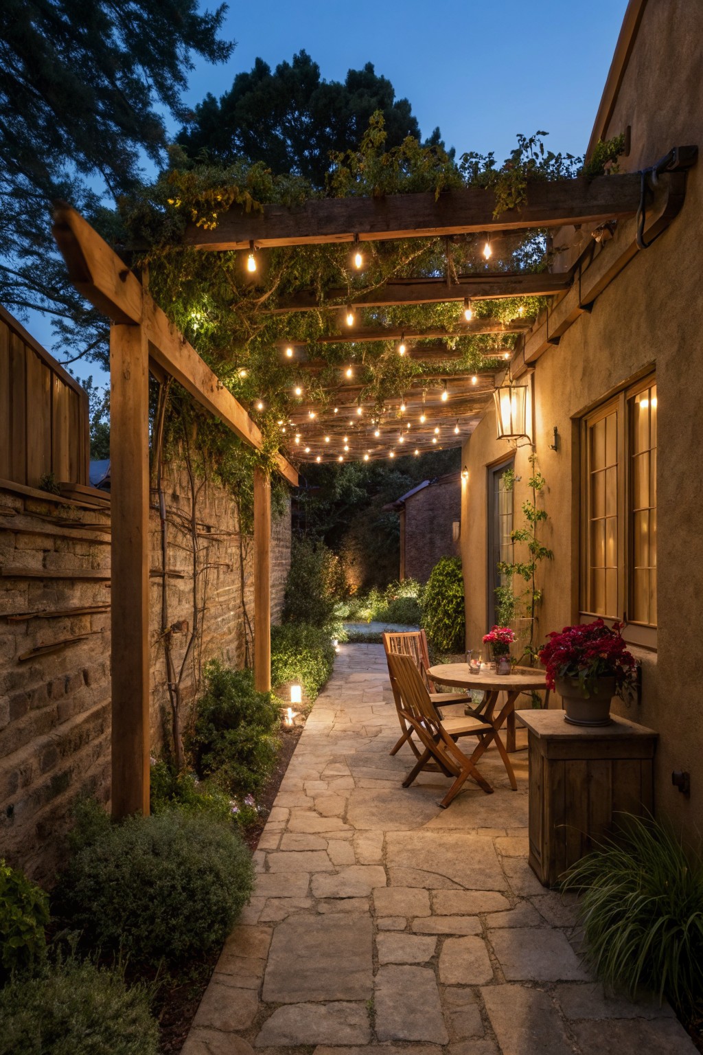 Narrow stone pathway flanked by plants and shrubs, under a wooden pergola draped with green vines and string lights, leading to a small round table with two wooden chairs beside an adobe-style wall at dusk.