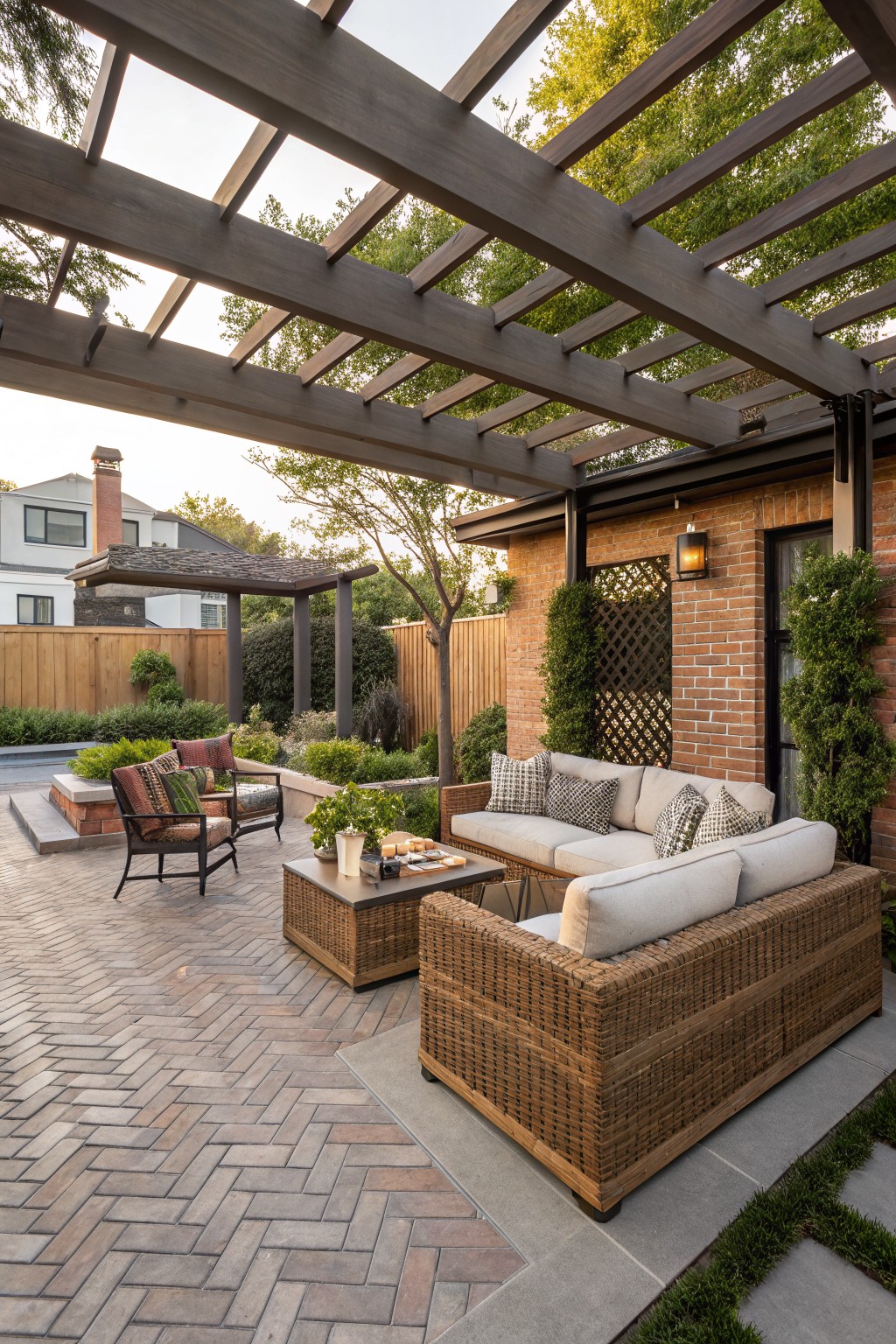 Backyard patio under a wooden pergola with beige wicker sofa and chairs on brick pavers, small pool nearby, brick wall with climbing plants, and surrounding trees and shrubs.