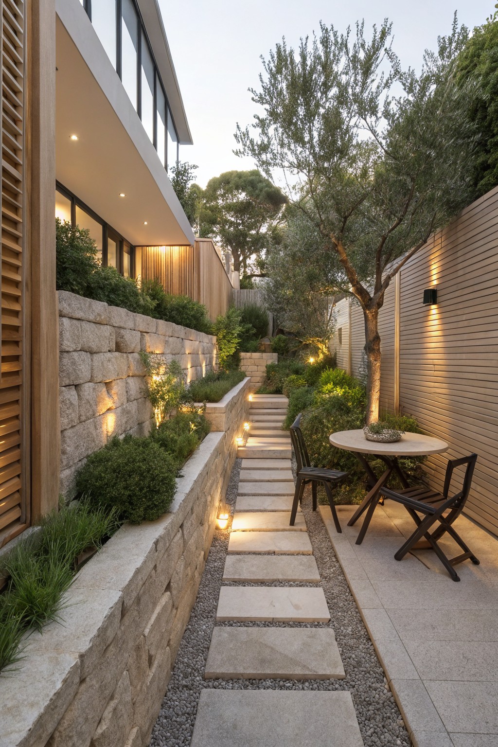 Narrow backyard pathway of wide rectangular stone slabs bordered by gravel, flanked by tall stone retaining walls planted with greenery and shrubs, with ground-level uplights, leading past a small round table and folding chairs to a wooden-clad house wall at dusk.