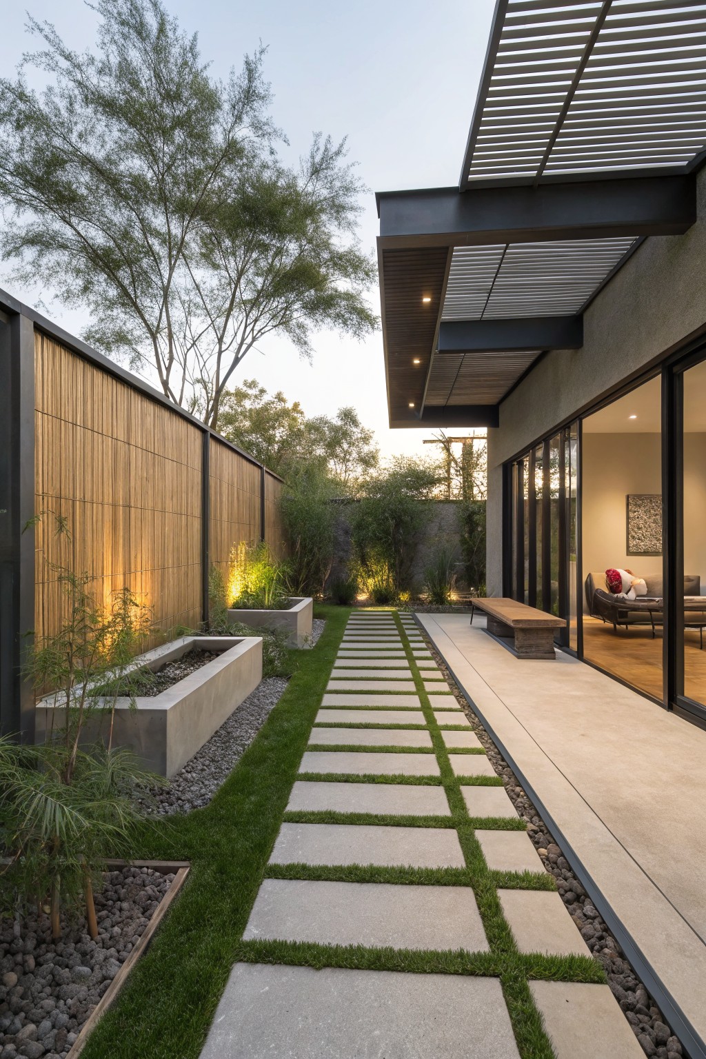 Backyard pathway of large square concrete slabs separated by green grass strips, bordered by plants and gravel beds, leading to a covered patio with sliding glass doors into a modern house.