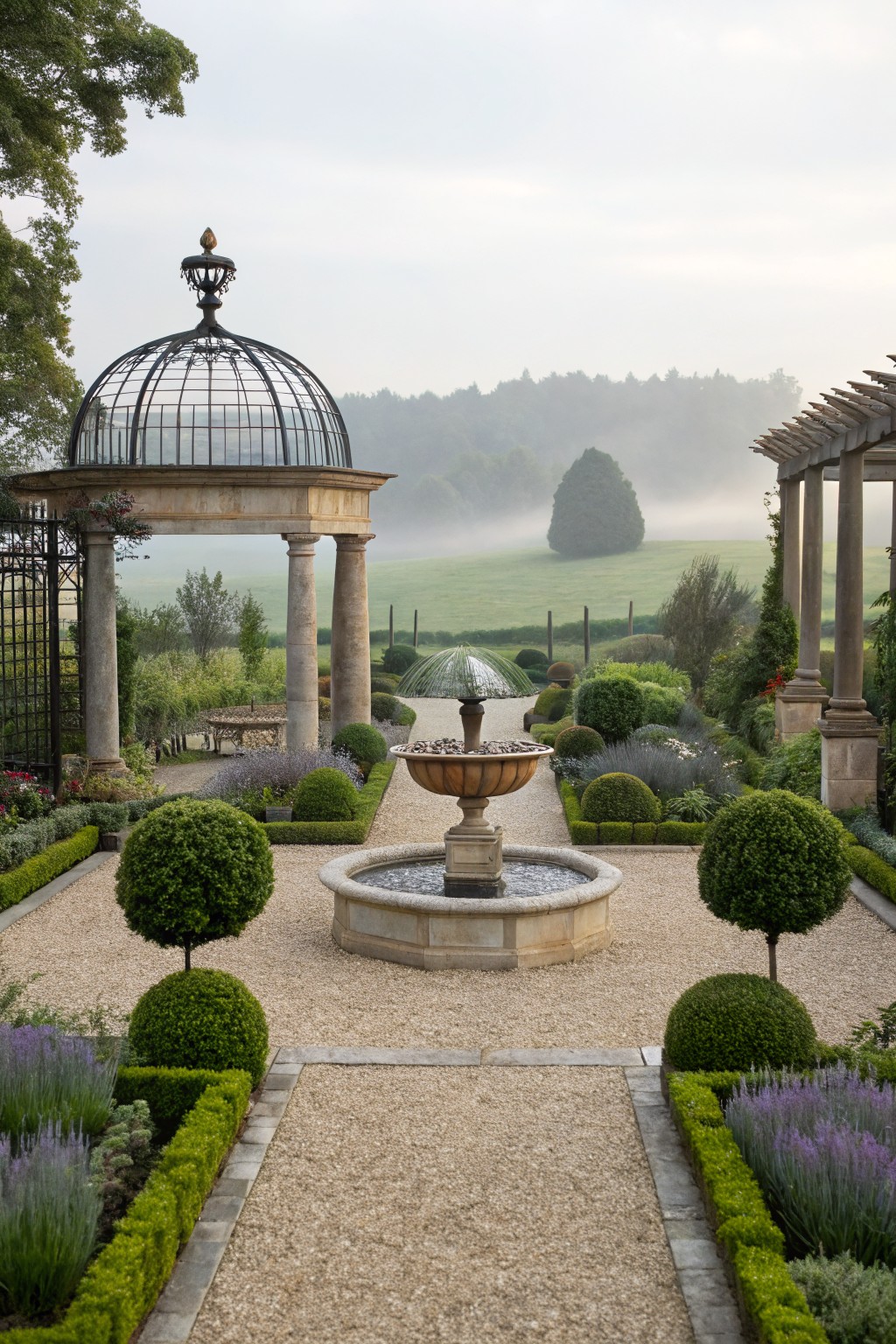 A formal backyard garden with a central stone fountain surrounded by symmetrical gravel paths, clipped spherical boxwood topiaries, lavender borders, box hedges, and distant architectural features like a glass dome gazebo and stone pergola in morning mist.