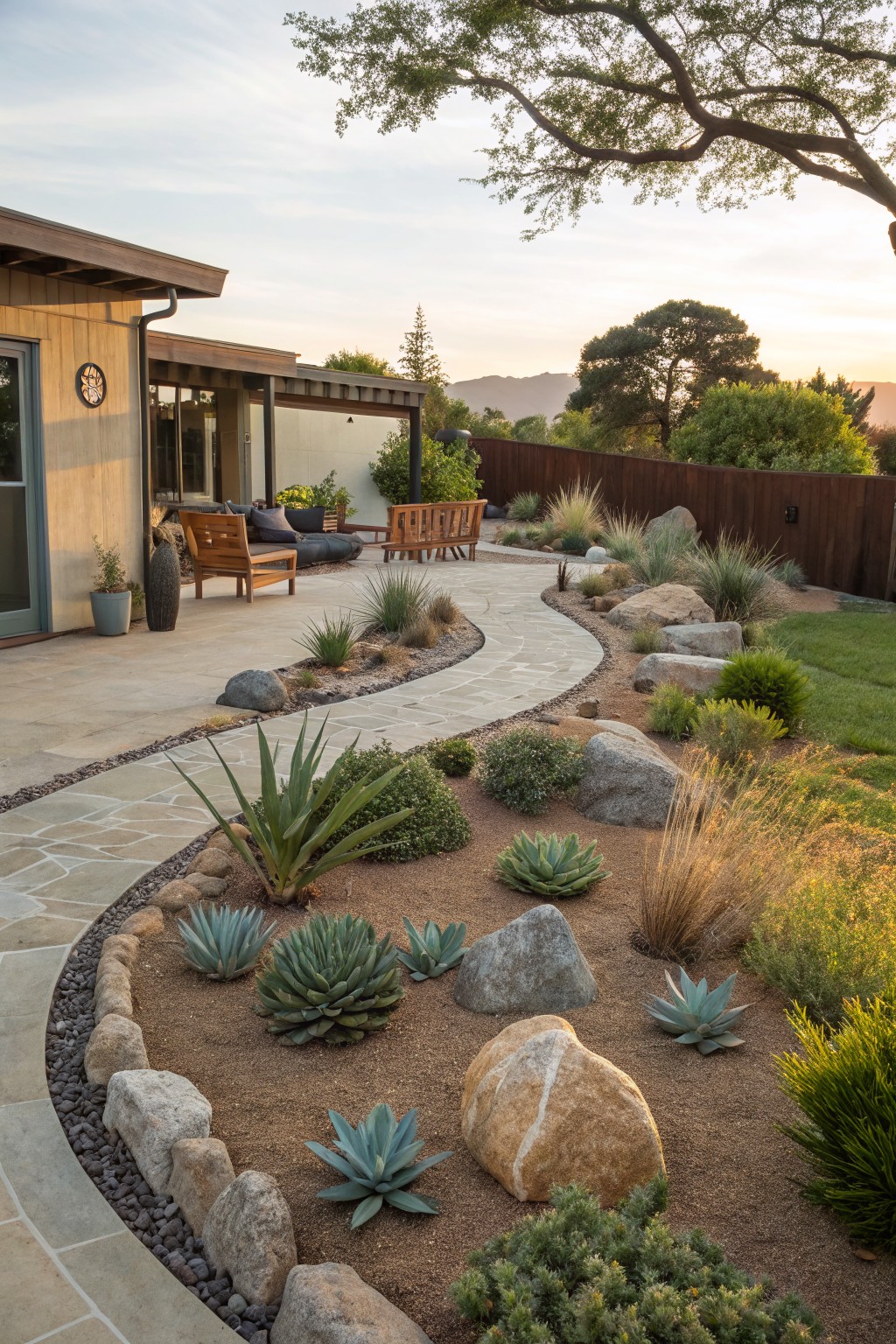 Curved irregular stone paver pathway winding through a backyard xeriscape garden with agave plants, succulents, boulders, gravel mulch, and low shrubs next to a wooden house exterior and patio furniture.