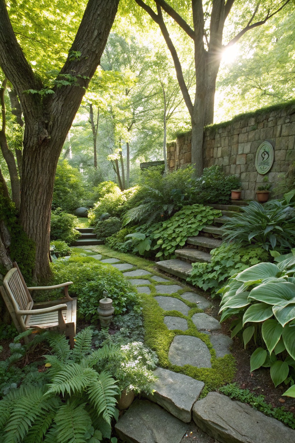 A winding path of irregular gray stone pavers edged with lush ferns, hostas, and moss leads through a shaded garden with a wooden bench beside a large tree and stone steps rising to a stone wall.
