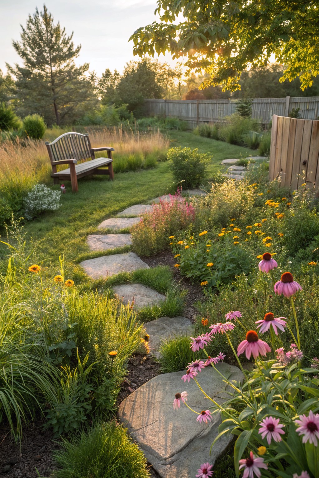 Backyard garden path of irregular flat stones winding through beds of pink coneflowers, yellow black-eyed Susans, ornamental grasses, and other perennials leading to a wooden bench, with trees, shrubs, and a wooden fence in the background at sunset.