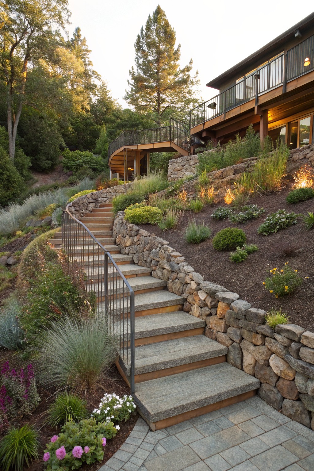 A curved outdoor staircase with granite steps and black metal railings ascends a hillside landscaped with stone retaining walls, grasses, shrubs, and flowers, leading toward a modern house and deck surrounded by trees.