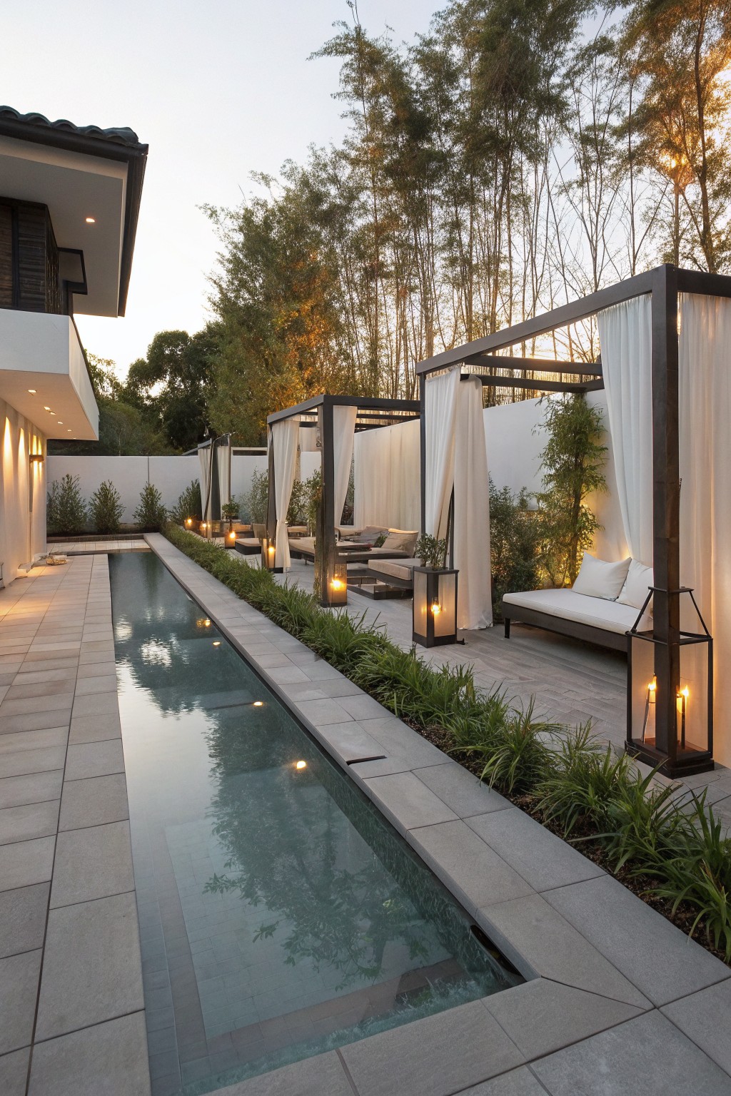 Long narrow pool beside a modern house, edged in gray pavers and plants, with three black metal cabanas draped in white curtains holding lounge beds and lit by black lanterns at dusk.