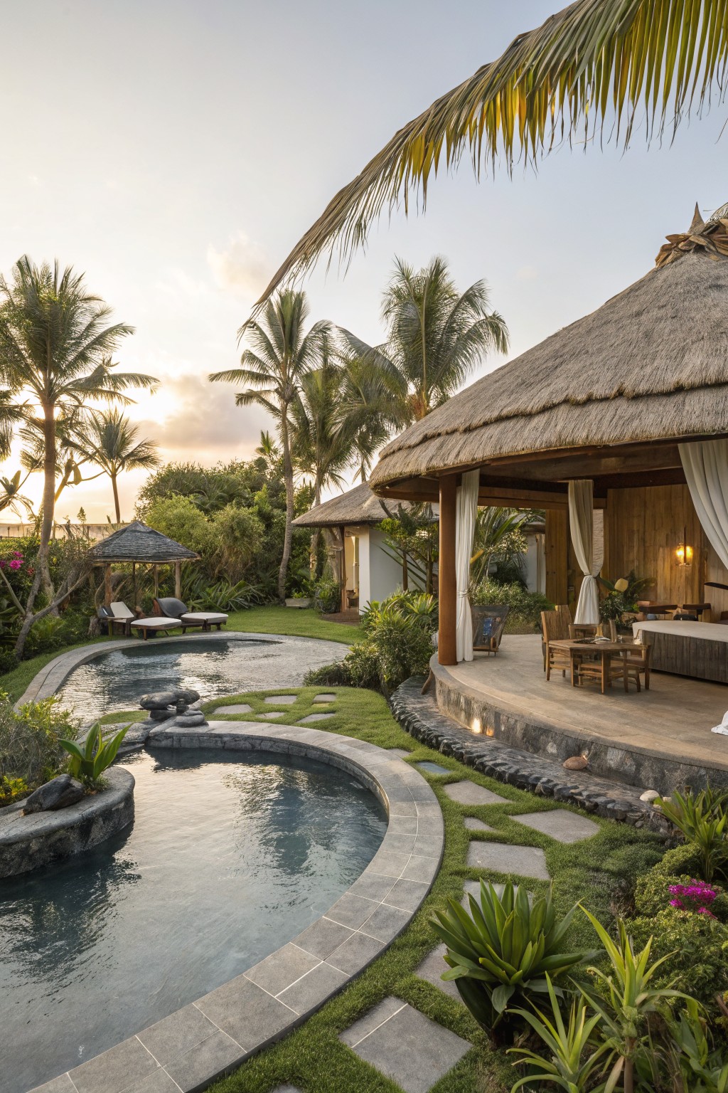 Curved stone-edged swimming pool beside a raised wooden deck under a thatched-roof pavilion with dining table, chairs, sheer curtains, lounge chairs, palm trees, and tropical plants.