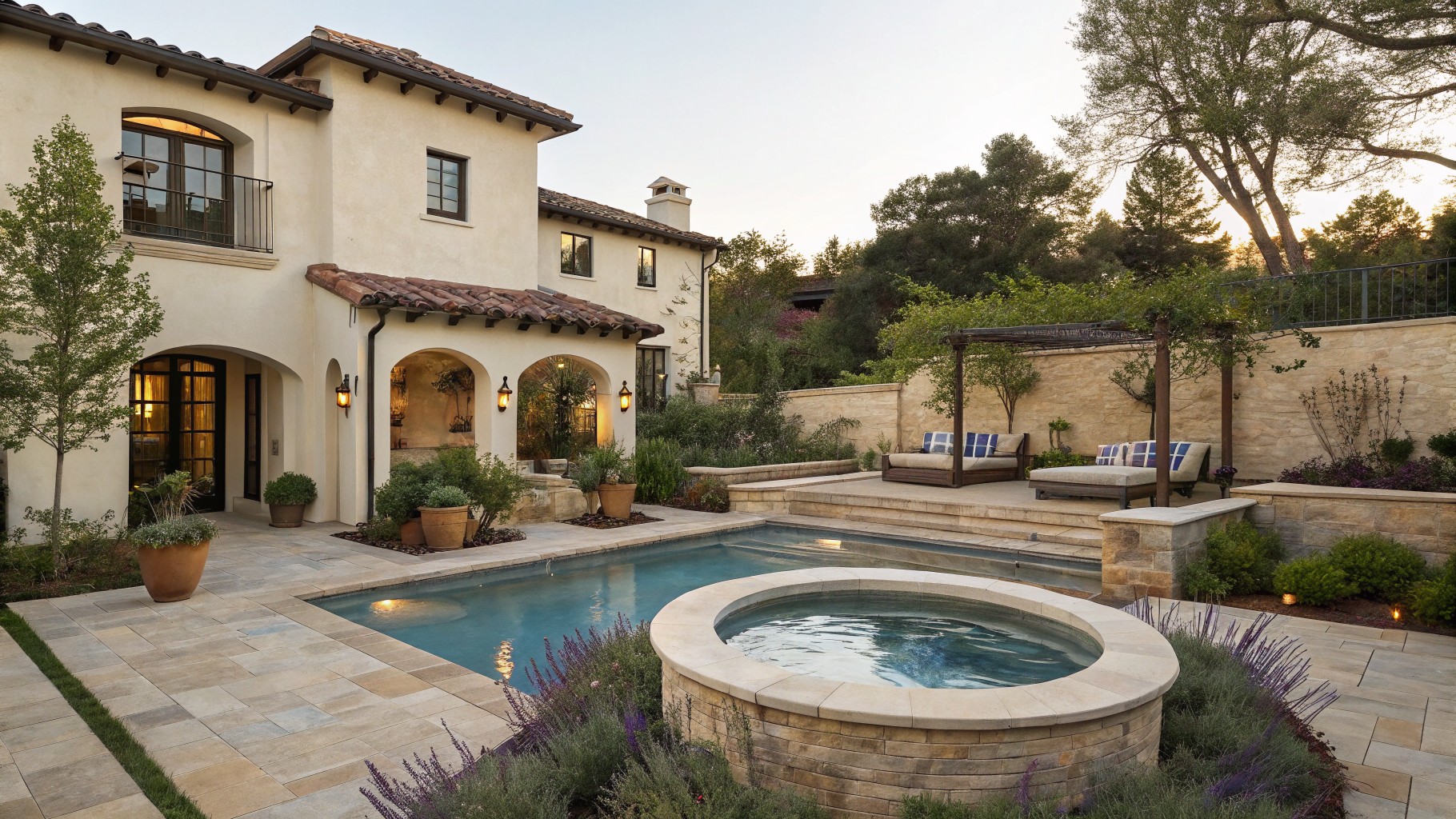 Curved blue pool with stone surround and built-in planter in a backyard patio, flanked by lounge chairs, potted plants, olive trees, and a beige stucco house with arched entry and balcony.