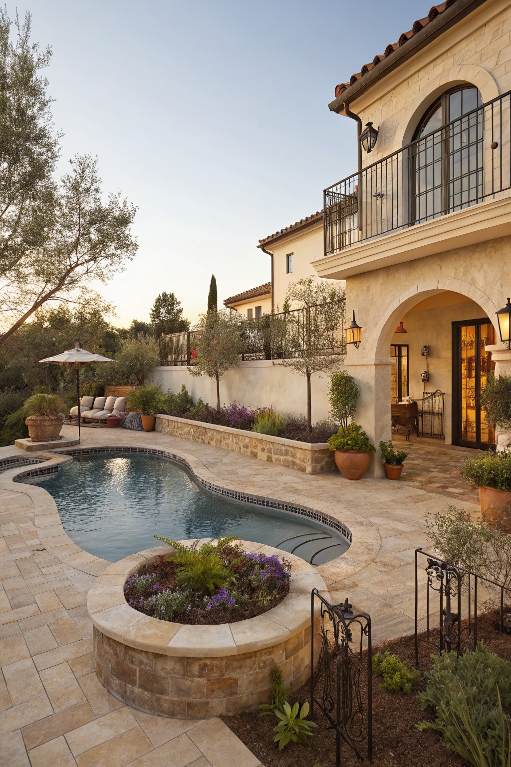 Curved blue pool with stone surround and built-in planter in a backyard patio, flanked by lounge chairs, potted plants, olive trees, and a beige stucco house with arched entry and balcony.