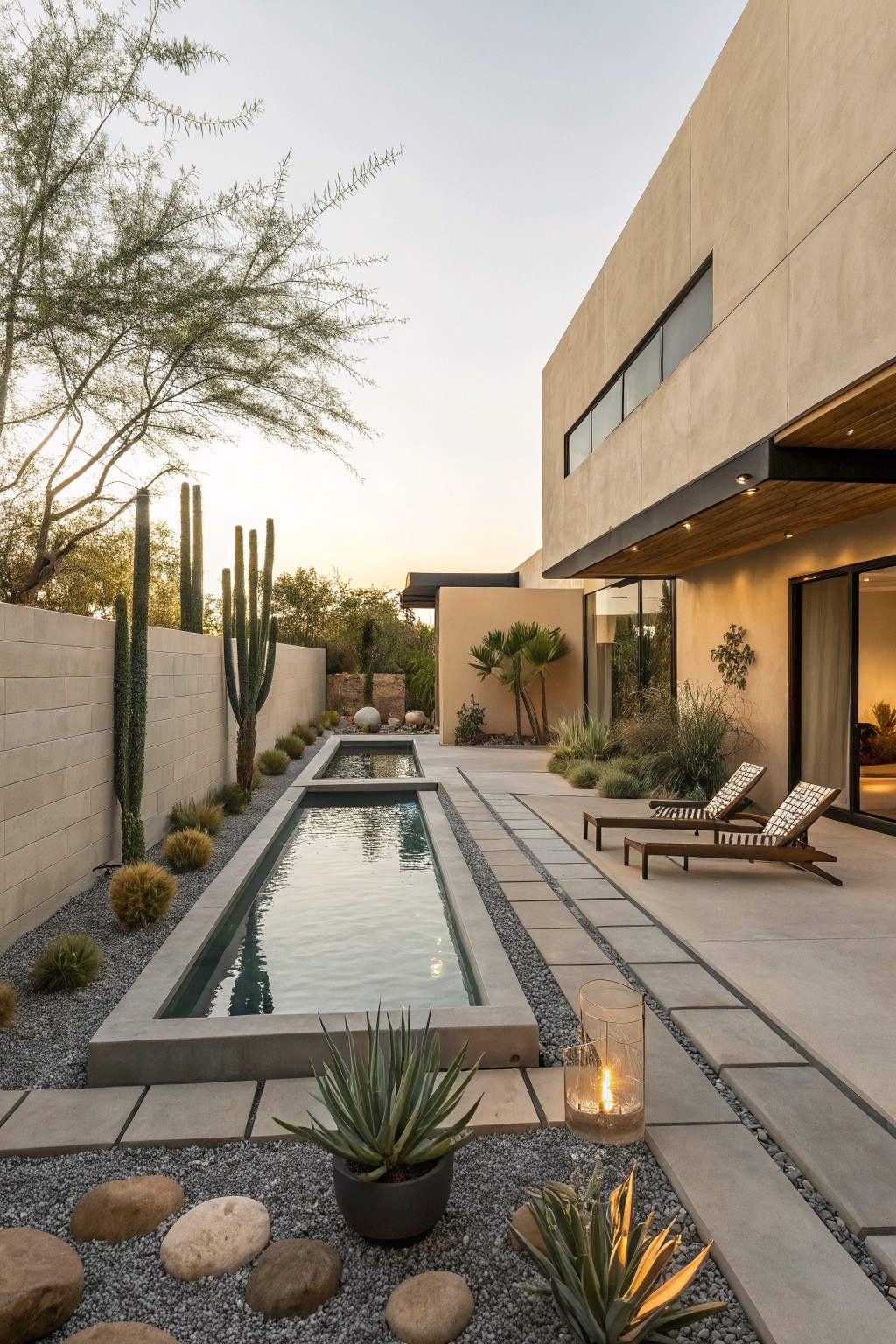 Backyard with a long narrow in-ground pool along a concrete patio, wooden lounge chairs, desert plants including tall cacti and agave, gravel and rocks, and a beige stucco house with large glass doors and wooden overhang.