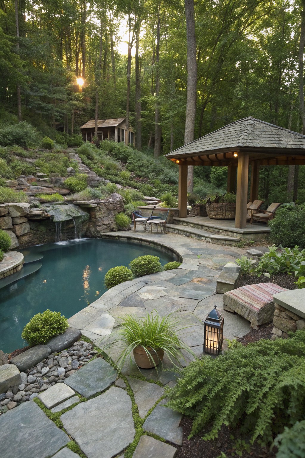 Curved turquoise pool with water cascading from stacked natural rocks, surrounded by flagstone paths, potted plants, wooden gazebo with lounge chairs, and dense green landscaping in a forested hillside setting.